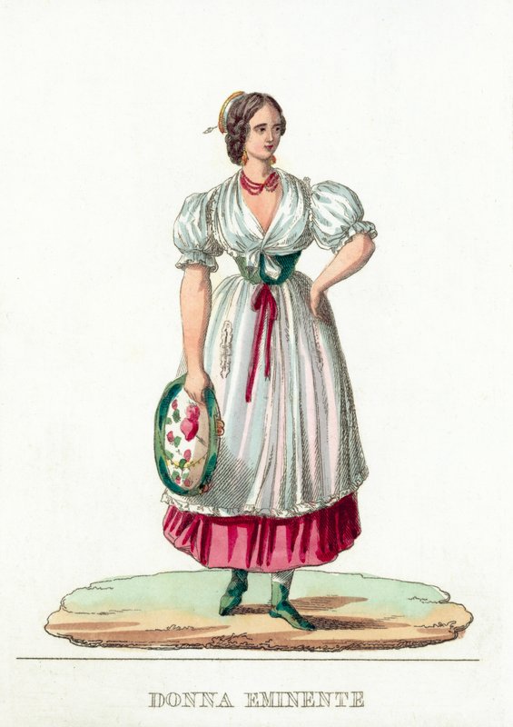Donna Eminente (färgad gravyr) av Italian School