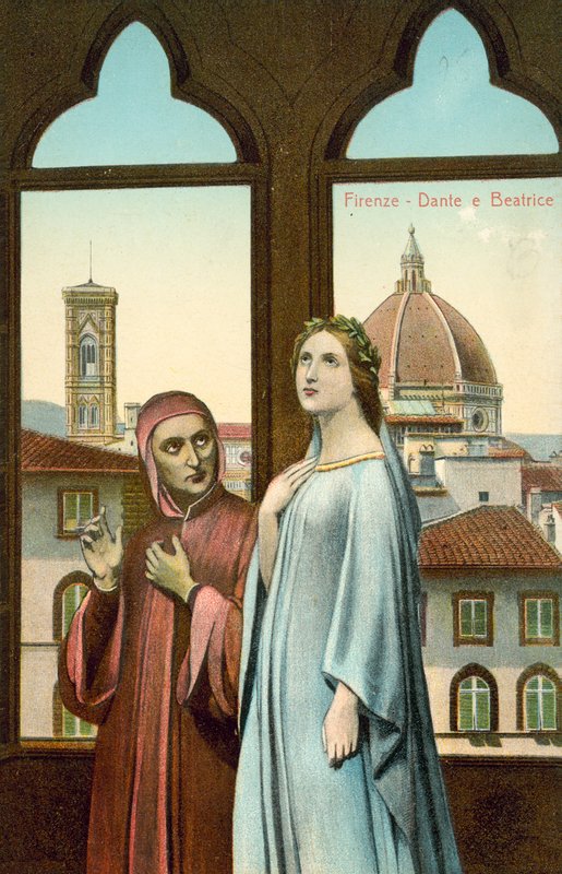 Florens, Dante och Beatrice (färglitografi) av Italian School