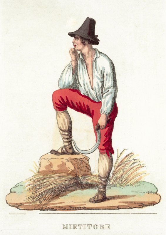 Mietitore (färgad gravyr) av Italian School