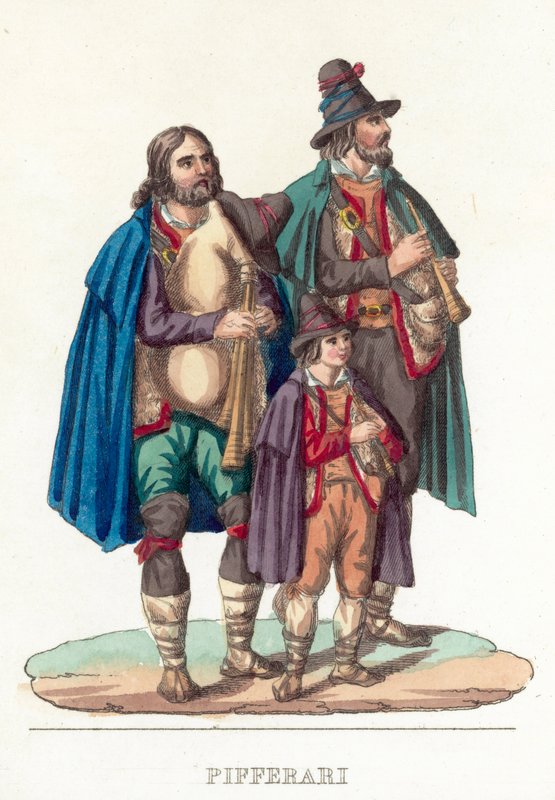 Pifferari (färgad gravyr) av Italian School