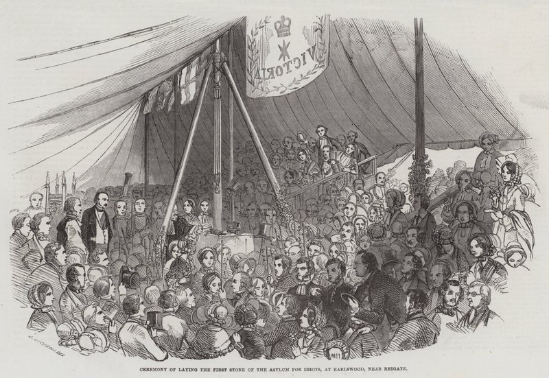 Ceremoni för nedläggning av den första stenen i Asylum for Idiots, i Earlswood, nära Reigate av J. Jackson