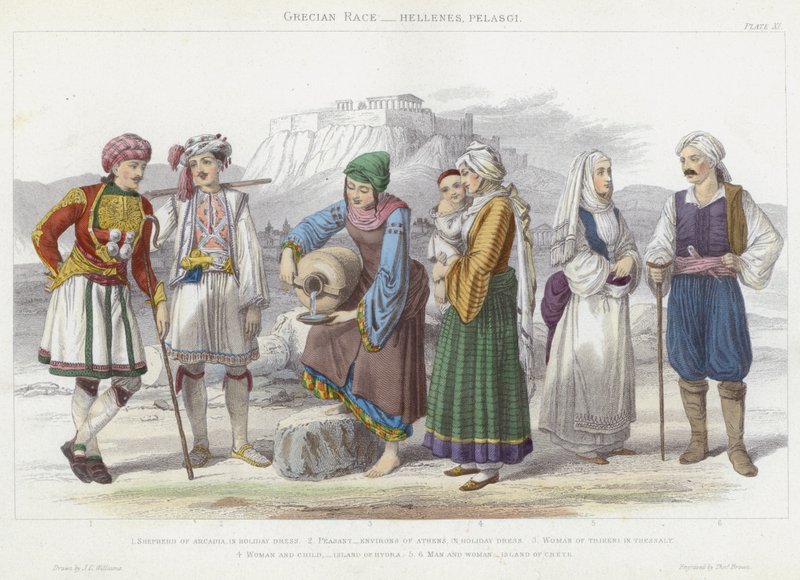 Grecian Race, Hellenes, Pelasgi (färgad gravyr) av J.L. (after) Williams