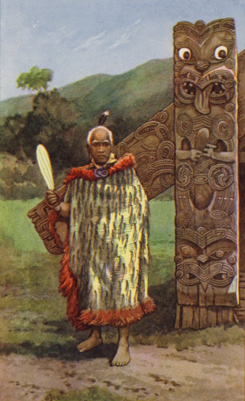 Maorihövding (färg litho) av J. Macfarlane