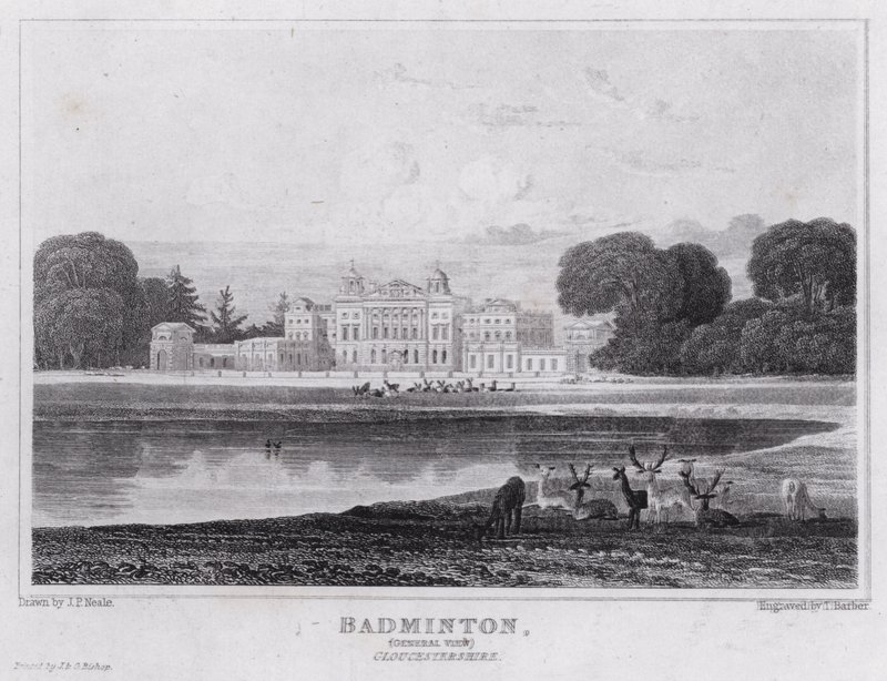 Badminton, allmän utsikt, Gloucestershire (gravyr) av John Preston Neale