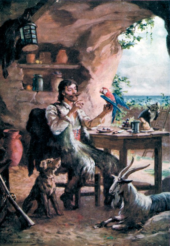 Robinson Crusoe (färg litho) av J. Williamson