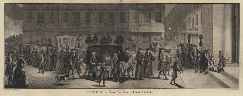 Engelsk begravningståg (gravyr) av Jakob van der Schley