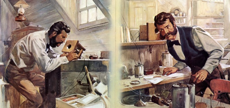 Det första telefonsamtalet (färglitografi) av James Edwin McConnell