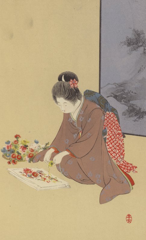 En ung flicka som leker med krysantemum (chromolitho) av Japanese School