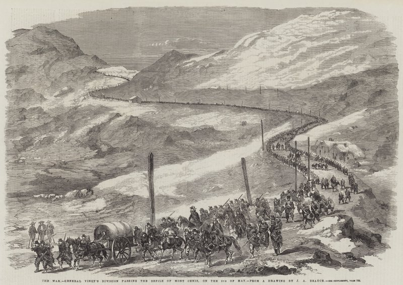 Kriget, General Vinoys division som passerade Mont Cenis smutsiga, den 5 maj av Jean Adolphe Beauce