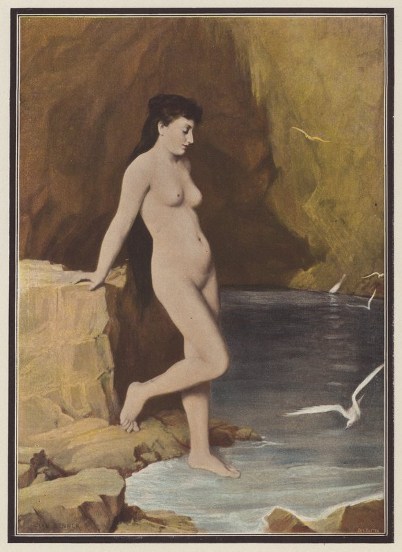 Nymf i en grotta (färg litho) av Jean Benner