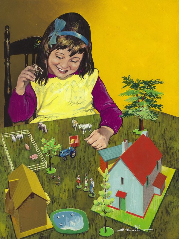Flicka med leksaksbondgård (gouache på papper) av Jesus Blasco