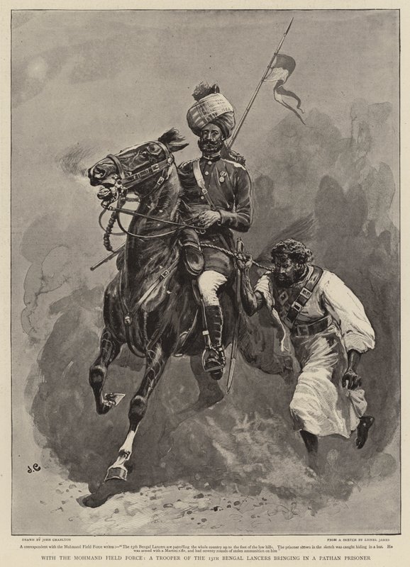 Med Mohmand Field Force, en soldat från 13th Bengal Lancers som för in en patraskfånge. av John Charlton