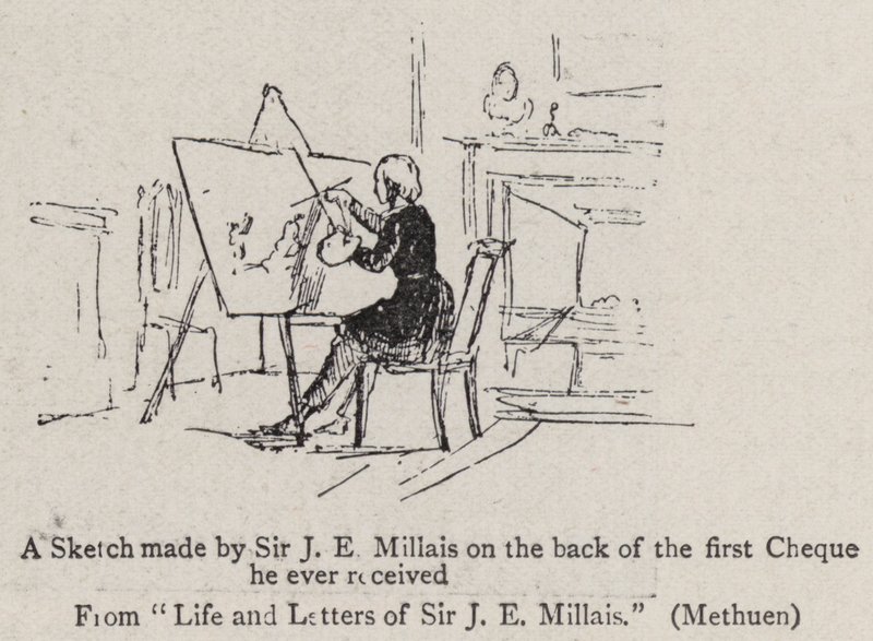 En skiss gjord av Sir J E Millais på baksidan av den första checken han någonsin fick av John Everett Millais