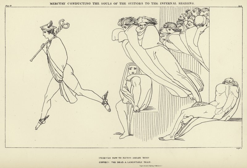 Mercury leder friarnas själar till de infernaliska regionerna av John Flaxman