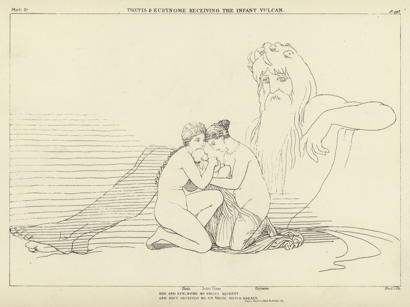 Thetis och Eurynome tar emot det lilla Vulcanusbarnet. av John Flaxman