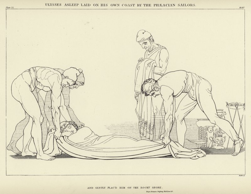 Ulysses sovande lagt på sin egen kust av Phaeacian Sailors av John Flaxman