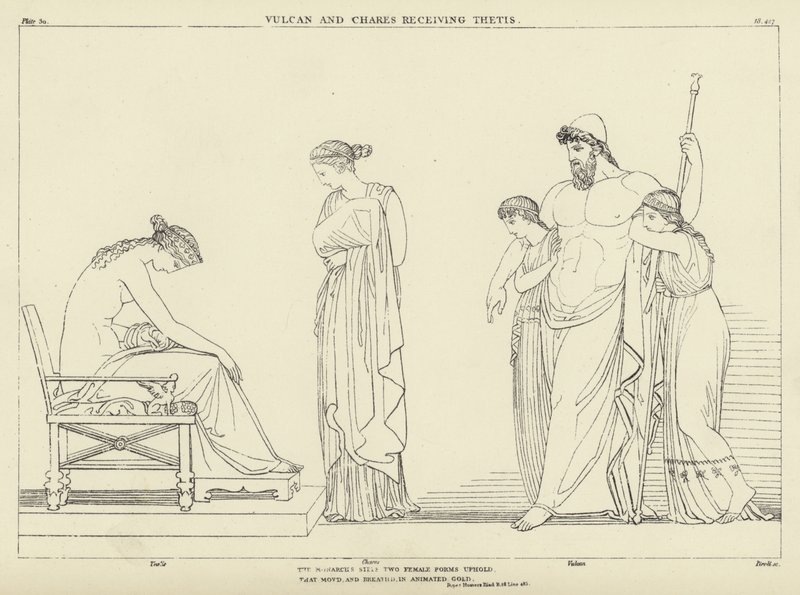 Vulcan och Chares tar emot Thetis av John Flaxman