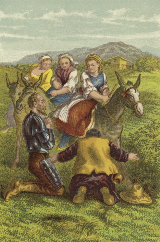 Don Quijote, Sancho och countryflickorna (chromolitho) av John Gilbert