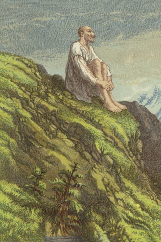 Don Quijote på Sierra Morena gör botgöring (chromolitho) av John Gilbert