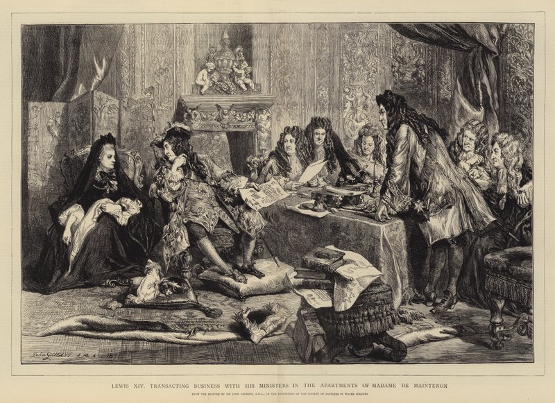 Ludvig XIV, när han diskuterar affärer med sina ministrar i madame de Maintenons våning. av John Gilbert