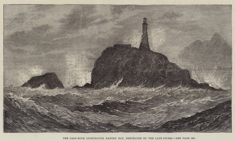 Fyren Calf-Rock, Bantry Bay, som förstördes av den sena stormen. av John Gilbert