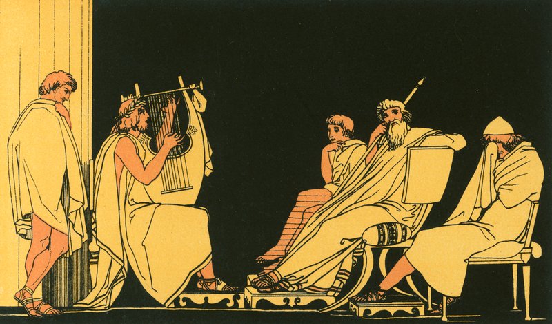 Ulysses græder ved sangen af Demodocusswed av John Flaxman