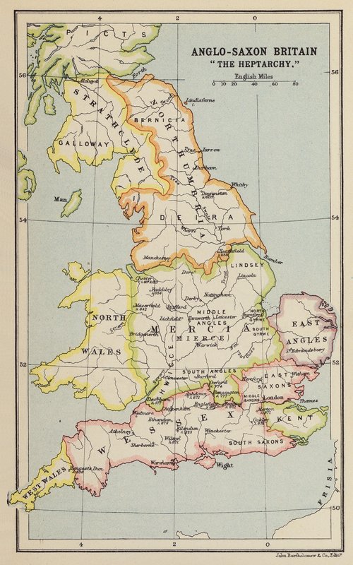 Anglosaxiska Storbritannien, "The Heptarchy" (litografi) av John George Bartholomew