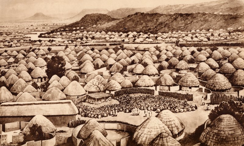 Mochudi, Bechuanaland (litografi) av John Macfarlane