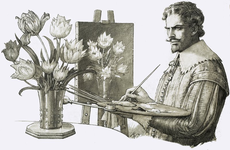 Oidentifierad konstnär målar blommor av John Millar Watt