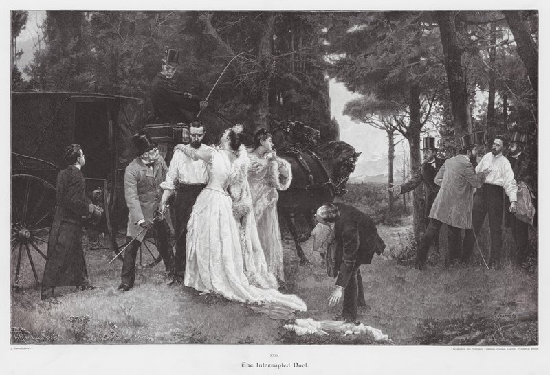 Den avbrutna duellen (färglitografi) av Jose Garnelo y Alda