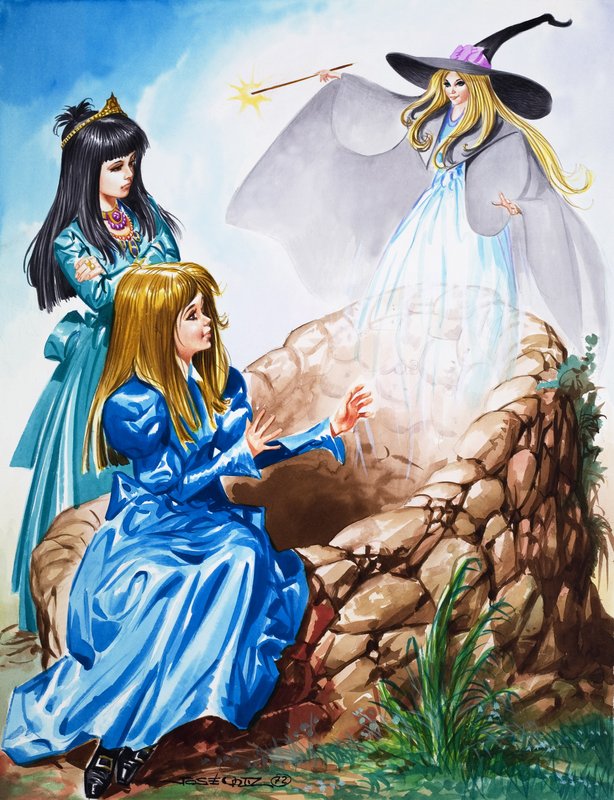 Girls with a Fairy (gouache på papper) av Jose Ortiz