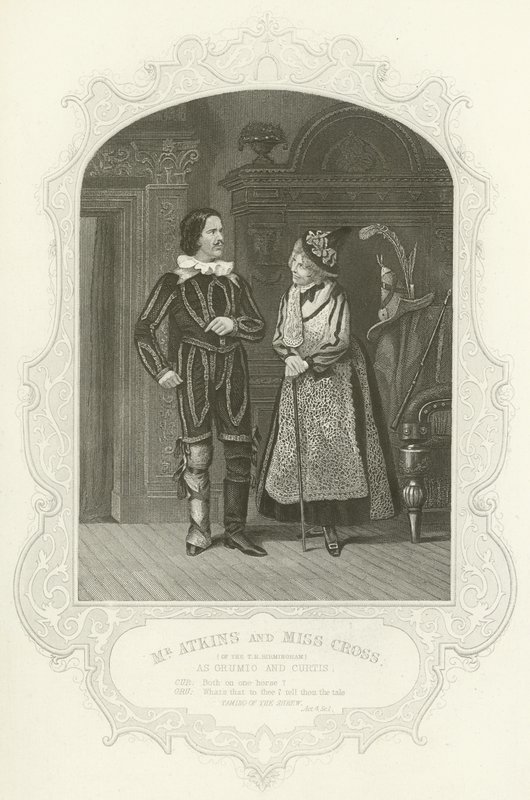 Mr Atkins och Miss Cross (från T R Birmingham) som Grumio och Curtis i "The Taming of the Shrew". av Joseph Kenny Meadows