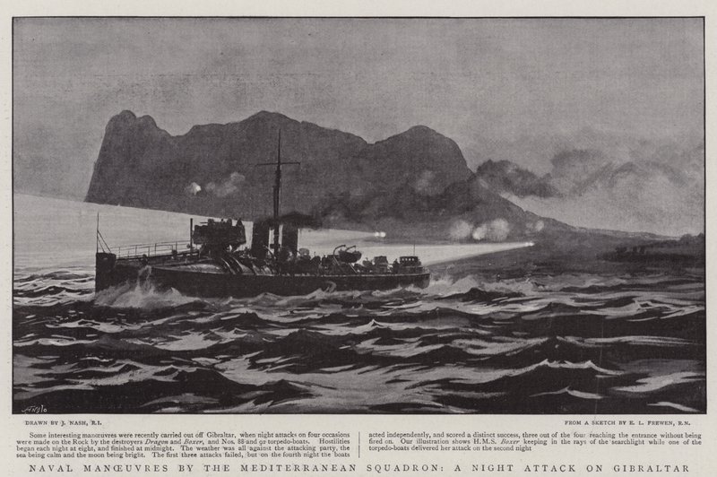 Medelhavseskaderns marinmanövrer, en nattlig attack mot Gibraltar av Joseph Nash