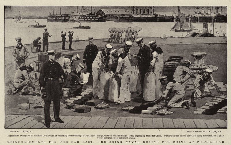 Förstärkningar till Fjärran Östern, förberedelse av flottutkast för Kina i Portsmouth av Joseph Nash