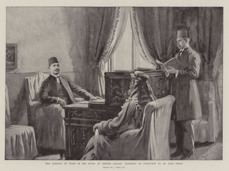 The Khedive at Work i hans studie på Abdeen Palace, ger en intervju till en arabisk sheik av Joseph Nash