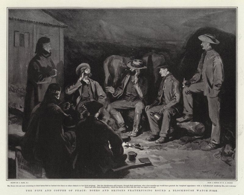 The Pipe and Coffee of Peace, boer och britter som förbrödrar sig runt en Blockhouse Watch-Fire av Joseph Nash