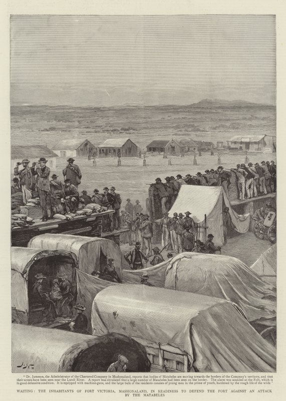 Väntar på att invånarna i Fort Victoria, Mashonaland, ska vara beredda att försvara fortet mot ett angrepp från Matabeles. av Joseph Nash