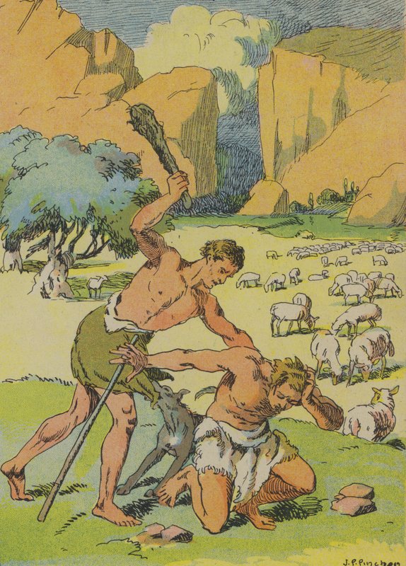 Kain mördar Abel (färglitografi) av Joseph Porphyre Pinchon