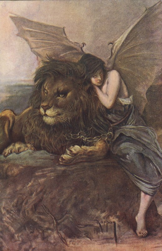 Lejon och bevingad kvinna (färg litho) av Joszi Arpad Koppay