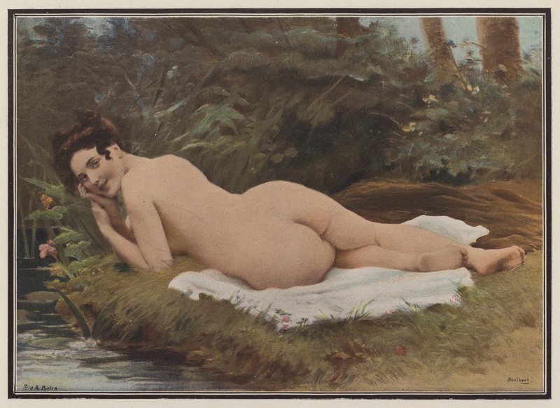 Kvinna efter hennes bad (färg litho) av Jules (after) Scalbert