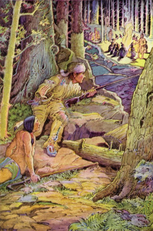 De unga männen avancerade mot åsen, Deerslayer framför av Louis John Rhead