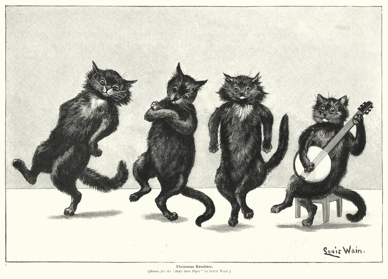 Katter som dansar (litho) av Louis (after) Wain