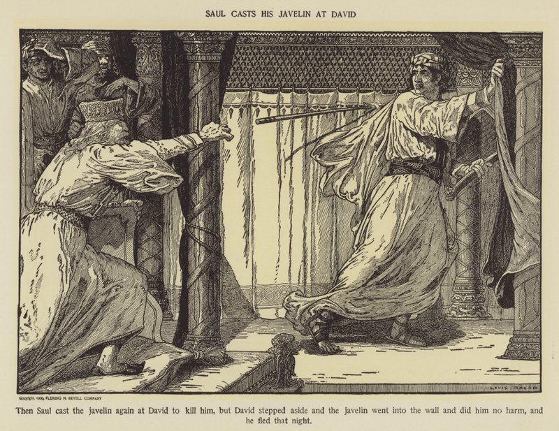 Saul kastar sitt spjut mot David av Louis John Rhead