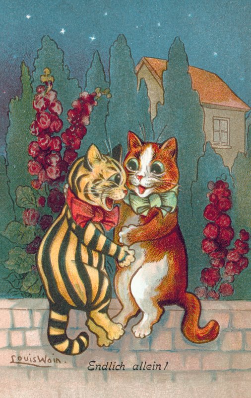 Humoristiskt kattvykort (färglitografi) av Louis Wain