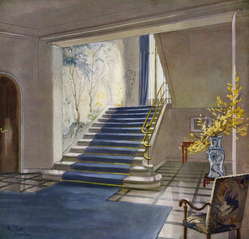1930-talsinteriörer: Trappa (färg litho) av M. Stier