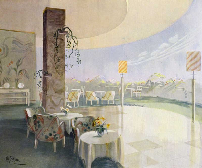 1930-talsinteriörer: Terrasscafé (litho i färg) av M. Stier
