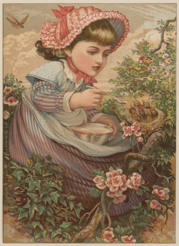 Flicka som matar fågelungar (chromolitho) av Mary Ellen Edwards