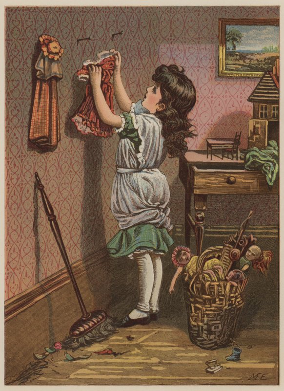 Flicka som hänger upp dockkläder (chromolitho) av Mary Ellen Edwards