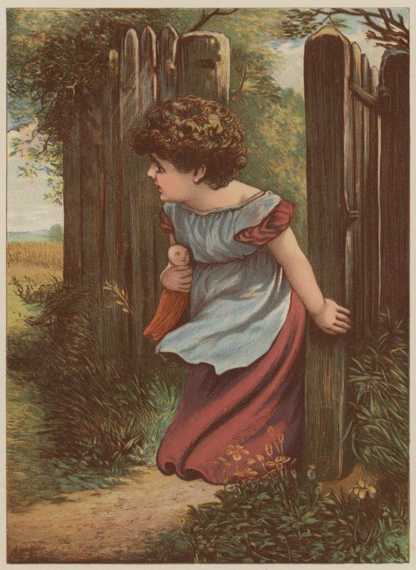 Flicka som väntar på brevbärare (chromolitho) av Mary Ellen Edwards