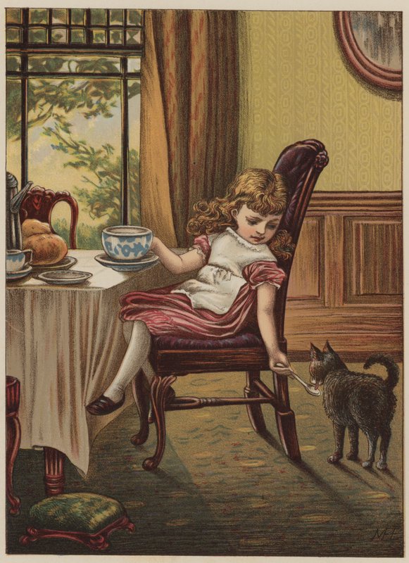 Flicka med svart katt (chromolitho) av Mary Ellen Edwards